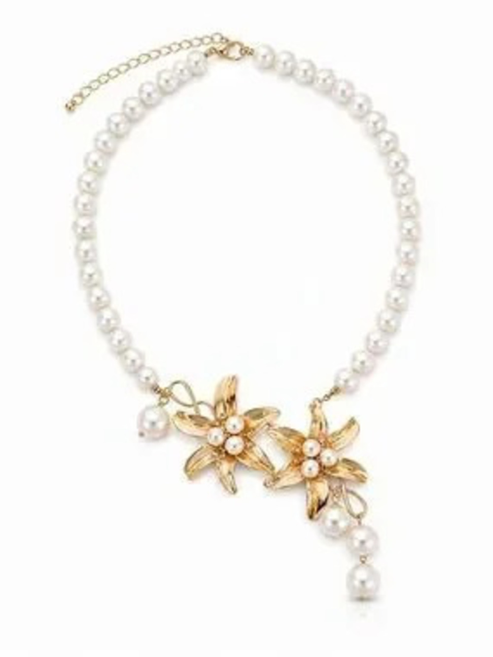 Gold Floral Pearl Necklace - White Pearls